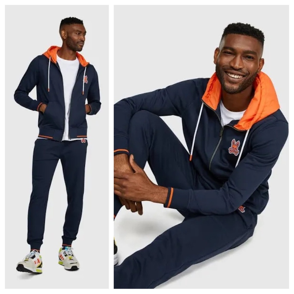 Psycho Bunny Bayles Zip Hoodie Navy Blue Orange Hood Stitch Logo Men’s Size S